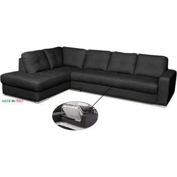 Sedací souprava Kožená sedací souprava s rozkladem na každodenní spaní ALEXIE - rohová, levá, černá (nero 308)