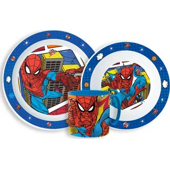 Storline Plastový jídelní set SPIDERMAN nad věžákem s hrnkem modrý