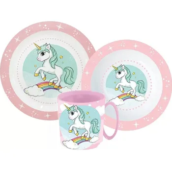 Jídelní set Storline Plastový jídelní set UNICORN - JEDNOROŽEC s hrnkem růžový