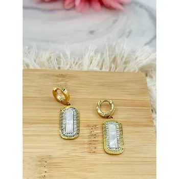 Náušnice B&E Bijoux Zlaté visací náušnice bílé z nerezové oceli se zirkony a gravírováním