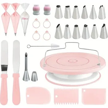 Váleček na těsto Sada 80 kusů cukrářských nástrojů na zdobení dortů Kovové špičky Špachtle Stěrky Zdobicí sáčky Dortová struna a nástroje pro pečení růžová