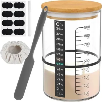 Váleček na těsto Sada na přípravu kvásku se sklenicí 900 ml 15 × 10 cm, stěrkou, látkovým potahem, teplotní páskou, popisovacími štítky a fixem