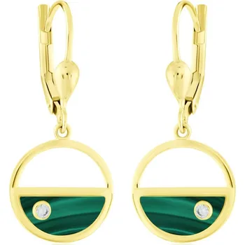 Náušnice GEMMAX Elegantní zlaté visací náušnice s malachitem a zirkonem MS – zlatý šperk ryzosti 585/1000 v Dárkovém balení s Certifikátem GLEYI-03886