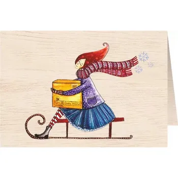 Cozywood Dřevěné přání C6 s obálkou - Vánoce, Žena, Sáně