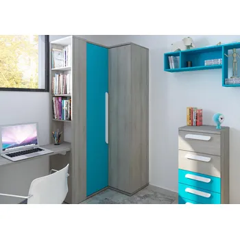 Dětská skříň Rohová dětská šatní skříň B - dub, modrá