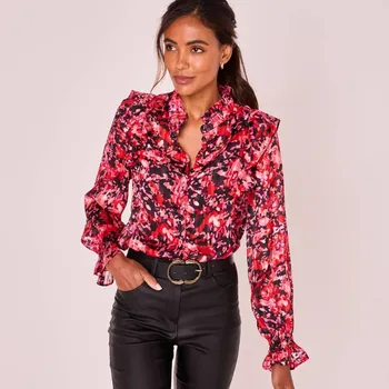 Dámská halenka Voálová halenka s volánky apotiskem švestková/červená 40