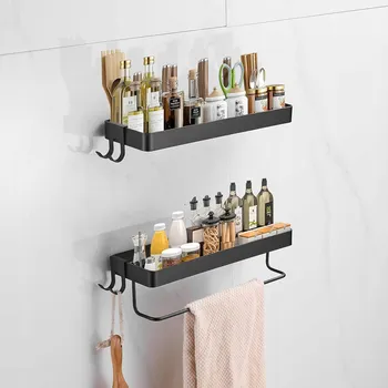 Obývací pokoj Nástěnná police do kuchyně nebo koupelny 35 cm, bez vrtání, s držákem na ručníky