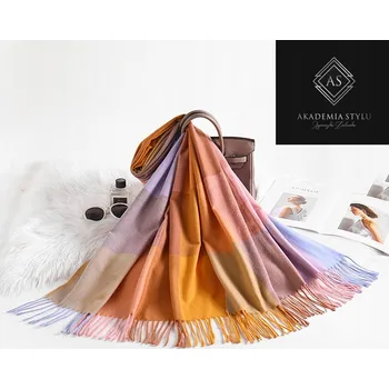 Šála Dámská kašmírová šála s vlnou, růžová šedá žlutá