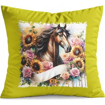 Polštář POLŠTÁŘ ŽLUTÝ DÁREK - KŮŇ KONĚ JÍZDA NA KONI HOBBY HORSE