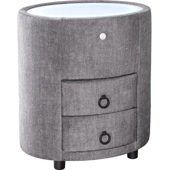 Noční stolek Designový art deco oválný noční stolek Aluro se dvěma šuplíky s šedým sametovým potahem a bílou deskou s LED světlem 55 cm
