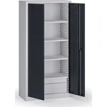 B2B Partner Policová dílenská skříň 2-dveřová, 4 police + 2 zásuvky, 1950 × 950 × 500 mm, grafitové dveře