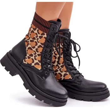 Dámská zimní obuv KOTNÍKOVÉ BOTY WORKERY S PONOŽKOU S LEOPARDÍM VZOREM ŠNĚROVACÍ ČERNÉ 38