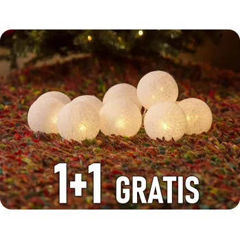 LED řetěz, vánoční koule bavlněné, 10LED, 1m, 2x AA, 1+1 zdarma! [1V201]