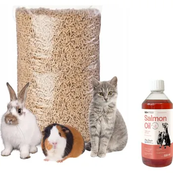 Podestýlka pro hlodavce EcoPellet Ekologická dřevěná podestýlka na pelety pro kočky, prasata a králíky 7l + LAB V Lososový olej pro psy a kočky 500ml