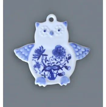 Dekorativní magnet Cibulák Magnetka sova 9 cm originální cibulákový porcelán Dubí, cibulový vzor,