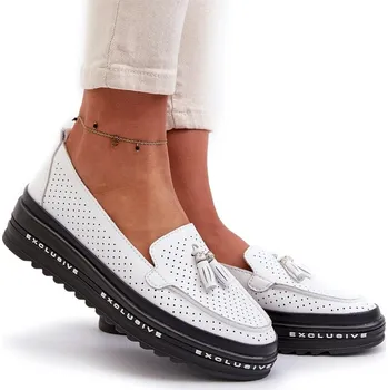 Dámské mokasíny Dámské kožené mokasíny na platformě, děrované, bílé, velikost 37