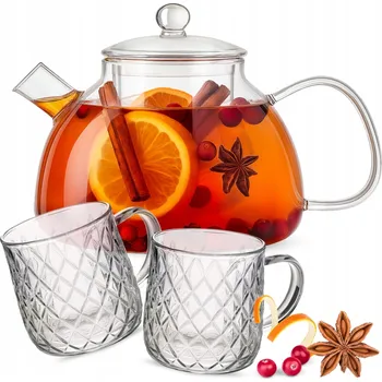 Sklenice Skleněná konvice 1,3 l se sítkem na čaj + 2 sklenice s uchem 350 ml sada