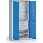 B2B Partner Policová dílenská skříň 2-dveřová, 2 police + 4 zásuvky, 1950 × 950 × 500 mm, modré dveře