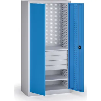 B2B Partner Policová dílenská skříň 2-dveřová, 2 police + 4 zásuvky, 1950 × 950 × 500 mm, modré dveře