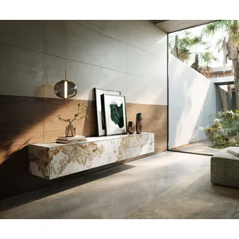 Televizní stolek DELIFE TV stolek Cuor 220 cm keramika Minas Melange bílá béžová 1 výklopná dvířka 2 zásuvky závěsný