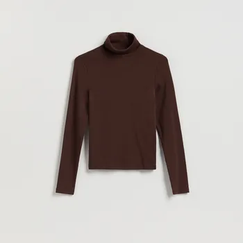 Dámské tričko Reserved - Tričko s dlouhým rukávem a rolákem - tmavě hnědá - 037HT-89X - 037HT-89X-XL