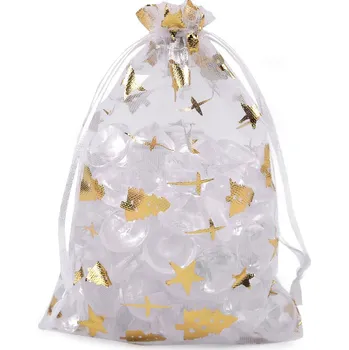 Vánoční dekorace Vánoční dárkový pytlík stromečky 10x14,5 cm organza, velké, bílá zlatá