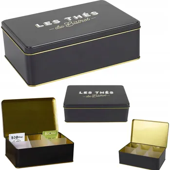 Obraz Dóza na čaj Bistrot, černo-zlatá, kovová, 13x20x7 cm Elegantní černá