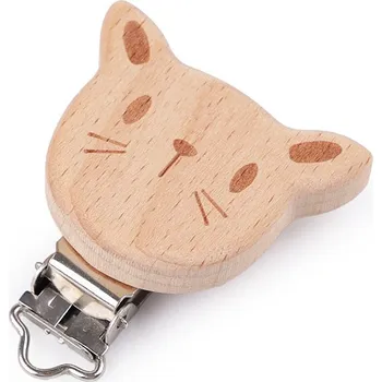 Dětský klip dřevěný medvídek, kočka, střední, 2 přírodní kočka