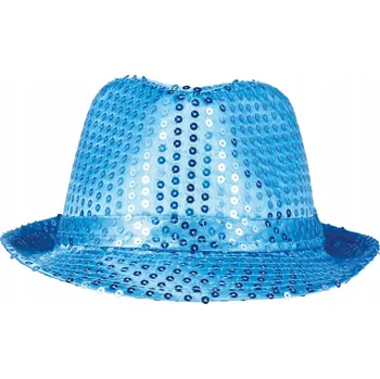Pokrývka hlavy Gangsterský klobouk Mafia s flitry SVĚTLE MODRÝ kostým DISCO