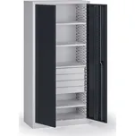 B2B Partner Policová dílenská skříň 2-dveřová, 4 police + 4 zásuvky, 1950 × 950 × 500 mm, grafitové dveře