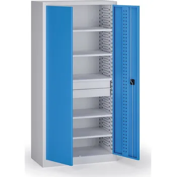 B2B Partner Policová dílenská skříň 2-dveřová, 5 polic + 2 zásuvky, 1950 × 950 × 500 mm, modré dveře