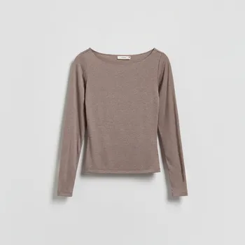 Dámské tričko Reserved - Tričko s dlouhými rukávy a vysokým podílem viskózy - béžová - 077HT-08X - 077HT-08X-XL