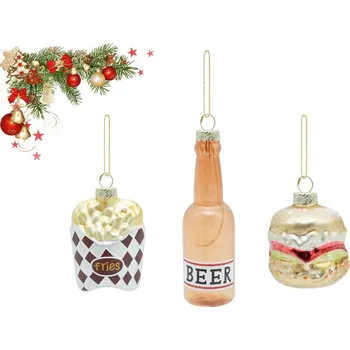 Vánoční dekorace VÁNOČNÍ BAŇKY SKLENĚNÉ OZDOBY SADA SKLENĚNÝCH VÁNOČNÍCH OZDOB JÍDLO X3 PIVO HRANOLKY HAMBURGER