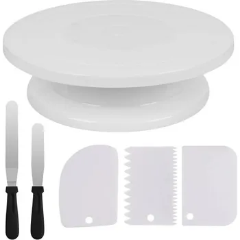 Váleček na těsto Sada 6 ks, otočný cukrářský stojan se stěrkami a špachtlemi Pomůcky na zdobení dortů Stabilní konstrukce plynulá rotace bílá