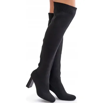 Dámské kozačky KOZAČKY PONOŽKOVÉ SVRŠEK ZA KOLENO PODPATEK SLOUPEK ČERNÉ 39