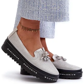 Dámské mokasíny DÁMSKÉ MOKASÍNY LESKLÉ NA PLATFORMĚ KOŽENÉ S.BARSKI LR400 STŘÍBRNÉ 37