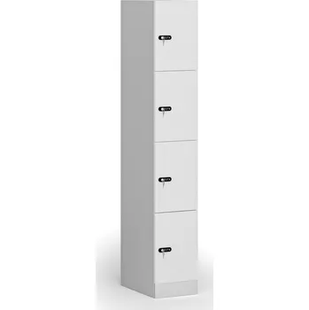 Nábytek B2B Partner Šatní skříňka S1 s úložnými boxy, 4 boxy, 1850 x 300 x 500 mm, mechanický kódový zámek, laminované dveře, bílá