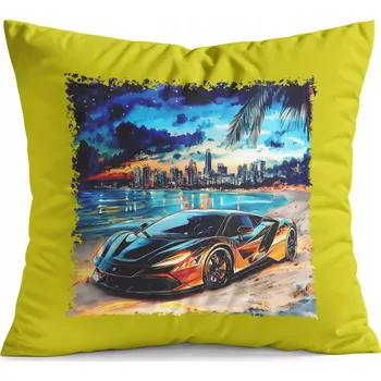 Polštář POLŠTÁŘ ŽLUTÝ DÁREK - AUTA SUPER AUTA PLÁŽ MĚSTO NOC