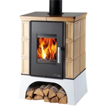 Krbová kamna EBOLI AL II s vým.+vychl. smyčka, kachle tabak, podstavec bílý