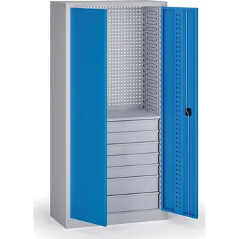 Dílna B2B Partner Policová dílenská skříň 2-dveřová, 1 police + 7 zásuvek, 1950 × 950 × 500 mm, modré dveře