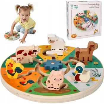 Dřevěná hračka Adamtoys Dřevěná posuvná hra Zvířátka z farmy Labyrint vzdělávací 2+