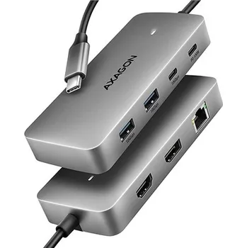Příslušenství pro notebook AXAGON HMC-CUB83X2, USB 10Gbps hub, 2x USB-A, USB-C, HDMI & DP 4k/144Hz, RJ-45 GLAN, PD 100W, kabel USB-C 15cm