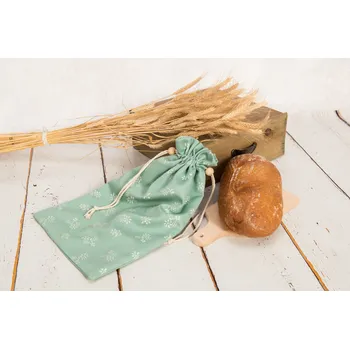 chlebník Látkový pytlík na pečivo - kanafas zelený kytičky