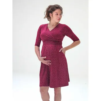 Těhotenské šaty Těhotenské a kojící šaty s kapsami Chelsea 3v1 - bordó s puntíky, 3/4 rukáv Velikost: XL
