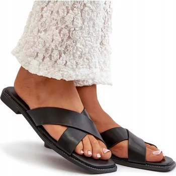 Dámské pantofle NAZOUVÁKY S PLOCHÝM PODPATKEM Z EKO KŮŽE S.BARSKI KV27-002 ČERNÉ 38