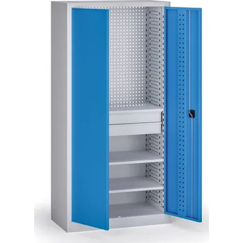 B2B Partner Policová dílenská skříň 2-dveřová, 3 police + 2 zásuvky, 1950 × 950 × 500 mm, modré dveře