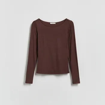 Dámské tričko Reserved - Tričko s dlouhými rukávy a vysokým podílem viskózy - tmavě hnědá - 077HT-89X - 077HT-89X-XL