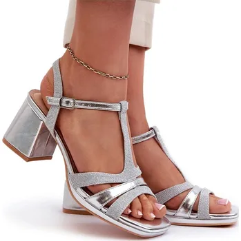 Dámské sandále DÁMSKÉ SANDÁLY NA PODPATKU (SLOUPEK) Z EKO KŮŽE STŘÍBRNÉ VEL. 36