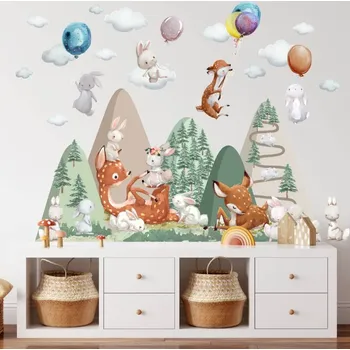 Samolepící dekorace Inspio Samolepky na zeď pro děti - Kopce se srnkami a zajíčky