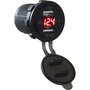 Tester autobaterie 2x USB nabíječka s voltmetrem voděodolná do panelu, červená
